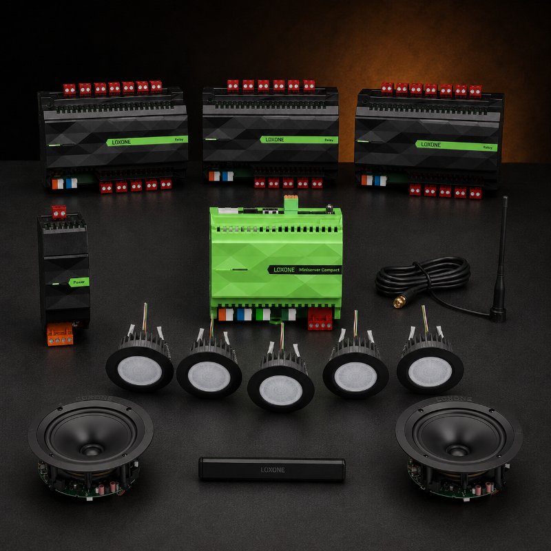 Material del pack Comfortek Loxone Deluxe: Power Supply 4,2A, Miniserver Compact, Antena Air, 3 Relay Extension, 5 detectores de presencia Tree, 1 contacto de puerta Air, 2 Speaker 7 Master
